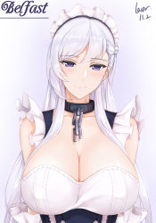 1girl artist_name azur_lane bare_shoulders belfast_(azur_lane) blush breasts chain character_name cleavage collar collarbone dated detached_sleeves frills highres large_breasts laserflip long_hair looking_at_viewer maid maid_headdress purple_eyes silver_hair smile solo swept_bangs underboob upper_body very_long_hair rating:Questionable score:60 user:danbooru