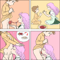  1boy 1girl 4koma apron bad_id bad_pixiv_id blush brown_hair closed_eyes comic cote cum cum_in_mouth deepthroat fellatio food fork hand_on_another&#039;s_head hetero long_hair no_pants oral original pajamas pasta penis pink_background pink_hair rock_paper_scissors sequential short_hair shota simple_background small_penis smile spaghetti testicles uncensored  rating:Explicit score:290 user:danbooru