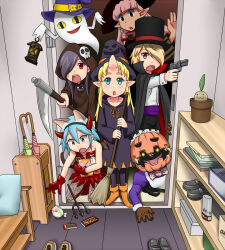&lt;|&gt;_&lt;|&gt; 6+girls :3 :d :o animal_ears aqua_eyes backbeako_(torotei) backbeard bare_shoulders black_cape black_footwear black_hair black_headwear black_pants blonde_hair blue_hair book borrowed_character bow bowtie box braid breasts broom brown_eyes brown_gloves brown_robe candy cape cat_ears cat_tail character_request check_gender chibi_yami child chocolate chocolate_bar collarbone cosplay death_(entity) doorway dress fake_horns fang finger_on_trigger fishnet_pantyhose fishnets food futaba_channel gegege_no_kitarou ghost gloves glowing glowing_eyes grim_reaper grim_reaper_(cosplay) gun hair_between_eyes hair_over_one_eye halloween halloween_costume handgun hat highres himewe holding holding_broom holding_gun holding_lantern holding_scythe holding_weapon hooded_robe horn_hairband horns indoors jack-o&#039;-lantern kirin_(nijiura_maids) kneeling lantern long_hair long_sleeves looking_at_viewer maid_headdress multiple_girls nijiura_maids open_door open_mouth orange_footwear original pants pantyhose pink_bow pink_bowtie pink_hair pitchfork plant pointing_gun pointy_ears potted_plant puffy_long_sleeves puffy_sleeves purple_dress purple_eyes purple_headwear purple_robe red_cape red_dress red_eyes red_footwear red_horns red_wings robe scythe shelf shirt shoes short_hair single_horn skin-covered_horns skull slit_pupils small_breasts smile standing tail teeth top_hat transparent_bag trick_or_treat two-sided_cape two-sided_fabric umbrella umbrella_stand unworn_shoes upper_teeth_only weapon white_shirt wings witch_hat yellow_eyes