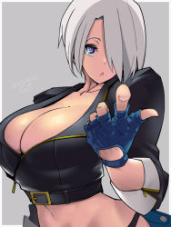  1girl angel_(kof) blowing_kiss bra breasts cleavage cropped_jacket fingerless_gloves gloves hair_over_one_eye highres jacket large_breasts leather leather_jacket looking_at_viewer makokujira navel snk strapless strapless_bra the_king_of_fighters the_king_of_fighters_xiv underwear 