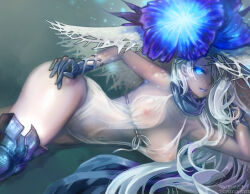  1girl abyssal_ship armor armored_boots artist_name black_gloves black_thighhighs blue_eyes boots breasts cleavage colored_skin commentary_request covered_erect_nipples dated dress flower gloves glowing glowing_eye hair_over_one_eye hat hat_flower kantai_collection large_breasts long_hair looking_at_viewer lying on_side parted_lips photoshop_(medium) revision seaport_summer_princess smile solo sun_hat sxbzero thigh_boots thighhighs very_long_hair white_dress white_hair white_hat white_skin 