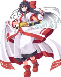  1girl ainu_clothes black_hair breasts fingerless_gloves gloves grey_eyes hair_ribbon highres legs long_hair looking_at_viewer nakoruru pants pink_lips ribbon samurai_spirits small_breasts smile snk solo the_king_of_fighters thighs weapon 
