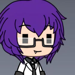  1other androgynous fang glasses grey_background jedi1357 lowres necktie purple_hair school_uniform seductive_smile shirt short_hair simple_background smile solo upper_body xalrun |_|  rating:Sensitive score:12 user:Jedii1357