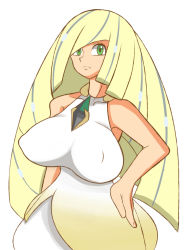  10s 1girl artist_request bare_shoulders blonde_hair breasts covered_erect_nipples creatures_(company) game_freak green_eyes hair_over_one_eye hand_on_own_hip highres large_breasts long_hair looking_at_viewer lusamine_(pokemon) nintendo pokemon pokemon_sm sleeveless solo very_long_hair  rating:Sensitive score:13 user:quicksearch