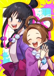  2girls :d ^_^ ace_attorney asymmetrical_hair bead_necklace beads black_hair border bracelet brown_hair closed_eyes colored_shadow cousins curtained_hair grid_background hair_beads hair_ornament hair_rings hanten_(clothes) highres jacket japanese_clothes jewelry katsuobushi_(eba_games) kimono light_blush long_hair low-tied_sidelocks magatama magatama_necklace maya_fey multiple_girls necklace open_mouth own_hands_together paint_splatter pearl_fey pink_jacket purple_jacket purple_sash sash shadow sidelocks smile topknot white_background white_kimono wide_sleeves yellow_border 
