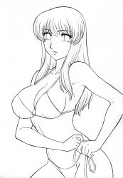 1girl aratamaru bikini breasts cleavage collarbone dead_or_alive female_focus greyscale hitomi_(doa) large_breasts lineart long_hair looking_at_viewer monochrome navel side-tie_bikini_bottom smile solo standing swimsuit