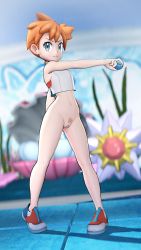  1girl adapted_costume asymmetrical_hair bare_legs blue_eyes blush breasts cleft_of_venus cowboy_shot creatures_(company) female_pubic_hair game_freak gen_1_pokemon greatm8 gym_leader highres legs misty_(pokemon) nintendo orange_hair pokemon pokemon_(creature) pokemon_lgpe ponytail pubic_hair pussy red_hair shirt short_hair short_shorts shorts side_ponytail simple_background smile solo spread_legs starmie thighs white_shirt  rating:Explicit score:253 user:Kasu86