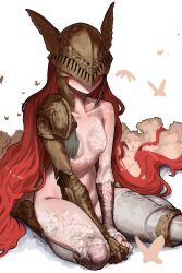  1girl absurdres amputee armor blush breasts bug butterfly closed_mouth covered_eyes ekrea_jan elden_ring helmet helmet_over_eyes highres insect long_hair malenia_blade_of_miquella malenia_goddess_of_rot medium_breasts prosthesis prosthetic_arm prosthetic_leg red_hair simple_background sitting solo triple_amputee very_long_hair white_background winged_helmet 