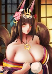  1girl absurdres aged_up alternate_breast_size animal_ear_fluff animal_ears artist_name azur_lane bare_shoulders breasts brown_hair brown_tail cleavage flower fox_ears hair_flower hair_ornament highres huge_breasts indoors japanese_clothes kimono kitsune kyuubi lieeux long_hair looking_at_viewer multiple_tails nagato_(azur_lane) nagato_(guardian_fox&#039;s_shining_furisode)_(azur_lane) off_shoulder official_alternate_costume print_kimono solo tail upper_body yellow_eyes  rating:Questionable score:31 user:danbooru
