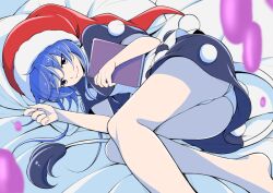  1girl :3 bare_legs barefoot black_capelet black_dress black_tail blob blue_eyes blue_hair book capelet closed_mouth doremy_sweet dress eichi_yuu hat holding holding_book lying on_bed panties pillow pom_pom_(clothes) red_hat smile solo tail tapir_tail touhou underwear white_dress white_panties white_tail 