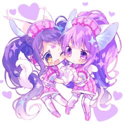  2girls :d animal_ears animal_hands bad_id bad_twitter_id blue_hair blunt_bangs blush braid braided_bangs cat_ears cat_girl cat_tail cheek-to-cheek chibi closed_mouth fang full_body garara_s_leep gloves hanazono_shuka hat head_chain heads_together heart idol_clothes idol_time_pripara kemonomimi_mode long_hair looking_at_another multiple_girls necon1 nurse_cap open_mouth paw_gloves pink_shirt pink_skirt ponytail pretty_series pripara purple_eyes purple_hair shirt short_sleeves skin_fang skirt smile standing stethoscope tail twintails very_long_hair yellow_eyes 