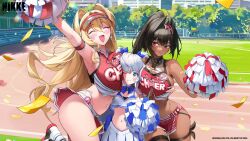 3girls armpits bay_(nikke) between_breasts black_hair blonde_hair blue_eyes blush breast_grabbed_from_behind breast_press breasts brown_eyes cheerleader clay_(nikke) closed_eyes confetti dark-skinned_female dark_skin embarrassed feet_out_of_frame goddess_of_victory:_nikke grabbing grabbing_another&#039;s_breast handstand hug large_breasts long_hair multiple_girls navel one_arm_handstand one_eye_closed one_leg_raised poli_(cheer_up_police)_(nikke) poli_(nikke) pom_pom_(cheerleading) sandwiched size_difference skirt small_breasts tigermtang tree white_hair 