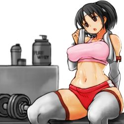 10s 1girl alternate_breast_size bad_id bad_twitter_id black_hair blush breasts brown_eyes buruma collarbone crop_top dumbbell gym headband kantai_collection large_breasts long_hair midriff nagara_(kancolle) navel no_bra open_mouth ponytail simple_background solo sports_bra sueyuu sweat sweatdrop thighhighs thighs toned towel white_background wide_hips rating:Sensitive score:80 user:danbooru