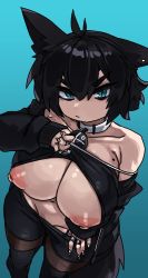  1girl animal_ears black_hair breasts cleavage_cutout clothes_pull clothing_cutout from_above goth_fashion groin highres huge_breasts nipples original pants pants_pull standing wolf_girl zanamaoria  rating:Questionable score:130 user:TDogarooski