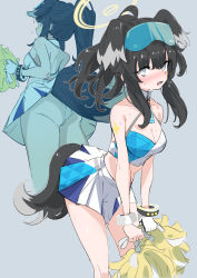 1girl absurdres animal_ears ass black_hair blue_archive blue_skirt blush bracelet breasts character_name cheerleader cleavage dog_ears dog_tail eyewear_on_head gloves halo hibiki_(blue_archive) hibiki_(cheer_squad)_(blue_archive) highres holding holding_pom_poms jewelry looking_at_viewer medium_breasts midriff millennium_cheerleader_outfit_(blue_archive) mirror_image ocha_(popopogg) official_alternate_costume open_mouth panties pom_pom_(cheerleading) pom_poms ponytail reflection short_hair single_glove skirt sunglasses sweat tail thighs two-tone_skirt underwear wedgie white_eyes white_gloves white_panties white_skirt rating:Sensitive score:16 user:danbooru
