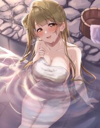 1girl blush brown_hair collarbone covering_privates highres long_hair looking_at_viewer love_live! love_live!_school_idol_project mei_hinamatsu minami_kotori nude_cover one_side_up onsen open_mouth solo towel yellow_eyes 