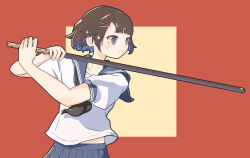  1girl bob_cut brown_eyes brown_hair expressionless facing_to_the_side food highres looking_to_the_side multicolored_hair original oversized_food oversized_object pleated_skirt pocky quinoko red_background sailor_collar school_uniform short_hair short_sleeves skirt solo two-tone_hair upper_body weapon  rating:General score:2 user:danbooru