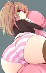  10s 1girl ass blue_eyes blush body_pillow brown_hair cameltoe cleft_of_venus from_below grey_background huge_ass hugging_object kantai_collection kumano_(kancolle) long_hair looking_at_viewer looking_down panties pillow pillow_hug ponytail solo striped_clothes striped_panties thick_thighs thighhighs thighs underwear watanon_(gakushokutei)  rating:Questionable score:166 user:danbooru
