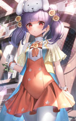 1girl absurdres animal_ears animal_hat blunt_bangs bow brick_wall cafe capelet coattails collarbone covered_navel cowboy_shot dragon_girl dress eyelashes fake_animal_ears fire_emblem fire_emblem:_the_sacred_stones fire_emblem_heroes flat_chest floral_print flower from_below gloves hair_flower hair_ornament hair_tie hand_up hat high-waist_skirt highres holding indoors lapels light_particles long_hair looking_at_viewer magical_girl miniskirt moss multi-tied_hair multicolored_clothes myrrh_(fire_emblem) nintendo official_alternate_costume orange_dress pale_skin pantyhose picnic_basket plant polka_dot potted_plant pout purple_hair rabbit_ears rabbit_hat red_eyes ribbon see-through short_dress skirt sleeveless solo sunflower sunlight suraimu_(suraimuraimu) twintails two-sided_fabric vest white_gloves white_pantyhose wooden_wall yellow_vest rating:General score:1 user:PokaraNoOobabasama