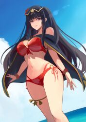  1girl bikini black_cape black_hair blue_sky blunt_bangs breasts cape cloud cloudy_sky commentary_request dutch_angle fire_emblem fire_emblem_awakening fire_emblem_heroes gold_trim highres labebebe_lee lens_flare long_hair looking_at_viewer navel nintendo o-ring o-ring_bikini official_alternate_costume one_side_up pink_nails red_bikini sky smile solo swimsuit tharja_(fire_emblem) tharja_(summer)_(fire_emblem) tiara translation_request 