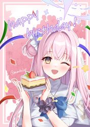  1girl ;d black_scrunchie blue_archive blue_flower blush cake capelet floral_background flower food fruit hair_bun hair_flower hair_ornament hair_ribbon halo happy_birthday highres holding long_hair looking_at_viewer mika_(blue_archive) one_eye_closed open_mouth pink_flower pink_hair purple_halo ribbon sakurai_momoka_no_musuko scrunchie smile solo strawberry twitter_username white_capelet white_ribbon wrist_scrunchie yellow_eyes 