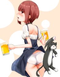  &gt;:d &gt;:o 10s 1girl :d :o alcohol alternate_costume animal animal_hands ass assisted_exposure bad_id bad_pixiv_id beer beer_mug blue_dress blunt_bangs blush brown_eyes brown_hair cat clothes_lift cowboy_shot cup dirndl dress dress_lift embarrassed eyebrows female_focus frilled_sleeves frills german_clothes hat highres kantai_collection looking_back maple_takoyaki motion_blur mug no_headwear open_mouth panties pantyshot short_hair short_sleeves shoulder_blades smile solo standing underwear unsinkable_sam upskirt v-shaped_eyebrows white_panties z3_max_schultz_(kancolle)  rating:Sensitive score:13 user:TwintailTickler