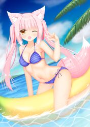  1girl absurdres animal_ears bare_shoulders bikini blush breasts cloud collarbone day dot_nose fang fox_ears fox_girl fox_tail highres legs long_hair looking_at_viewer medium_breasts mountain navel one_eye_closed open_mouth original outdoors palm_tree pink_hair scenery sky solo swimsuit tail tree v water wet yellow_eyes yomi_yoduki 