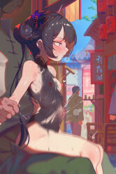  1girl 2boys architecture ass black_hair blue_archive breasts butterfly_hair_ornament collarbone completely_nude day double_bun east_asian_architecture grey_eyes hair_bun hair_ornament heart hetero highres kisaki_(blue_archive) loli long_hair multiple_boys nipples nude open_mouth outdoors sex sex_from_behind sitting small_breasts twintails vaginal villainchin 