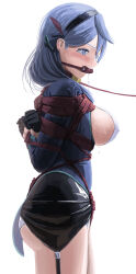  1girl ako_(blue_archive) arms_behind_back bdsm bit_gag black_gloves black_hairband black_skirt blue_archive blue_eyes blue_hair bondage bound bound_torso breasts clenched_hands collar cowboy_shot crotch_rope from_side gag gagged garter_straps gloves hairband highres itou_tatsuya large_breasts leash long_hair panties profile shibari shibari_over_clothes sideboob skirt solo tears underwear white_background white_panties 