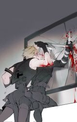  2boys aged_down arm_up battle belt black_coat black_footwear black_gloves black_pants black_tank_top blonde_hair blood blood_in_hair blood_on_face blood_on_mirror blood_on_wall boots broken_mirror closed_eyes cloud_strife coat crack final_fantasy final_fantasy_vii final_fantasy_vii_advent_children final_fantasy_vii_ever_crisis gloves grey_hair highres holding holding_sword holding_weapon holster in-franchise_crossover injury kiss knee_boots kneeling leaning_forward male_focus mirror multiple_boys pants pinned rucck2 scabbard sephiroth sheath short_hair sitting stab sword tank_top toned toned_male waist_cape weapon weapon_on_back yaoi 