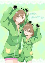  2024 20s 2girls absurdres age_difference alternate_costume animal_hood blush brown_eyes brown_hair child clone collarbone dated female_focus frog_hood gekota green_background guuqualia hair_ornament hairclip happy_birthday height_difference highres hood hoodie last_order_(toaru_majutsu_no_index) looking_at_viewer matching_hair/eyes misaka_mikoto multiple_girls official_alternate_costume open_mouth short_hair simple_background smile standing thighs toaru_kagaku_no_railgun toaru_majutsu_no_index 