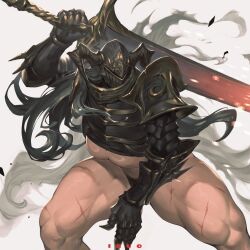  1girl absurdres armor artist_name breasts covered_face cross_scar fake_horns fantasy fighting_stance gauntlets greatsword grey_background helm helmet highres holding holding_sword holding_weapon horned_helmet horns ibuo_(ibukht1015) large_breasts long_hair muscular muscular_female original pauldrons revealing_clothes scar scar_on_leg shoulder_armor solo sword thick_thighs thighs underboob very_long_hair weapon 