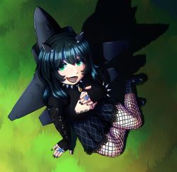  1girl absurdres alternate_color alternate_hair_color commission f-35_(flight_highschool) f-35_lightning_ii fishnet_pantyhose fishnets flight_highschool goth_fashion grass green_eyes highres on_ground pantyhose rustygreencat shadow tagme  rating:General score:3 user:maximme