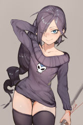  blue_eyes breasts drill_hair hair_over_one_eye highres hiranko one_eye_closed purple_hair sweater thighhighs wink zone-tan  rating:Questionable score:60 user:twilight_jester