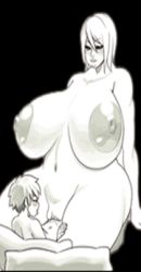  1boy 1girl animated animated_gif breasts gigantic_breasts large_areolae mature_female monochrome nipples nitrotitan plump shota thick_thighs thighs wide_hips  rating:Explicit score:23 user:gintoki123