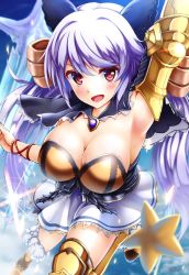 10s 1girl :d arima_kouichi arm_up armpits bad_id bad_nicoseiga_id bare_shoulders blush boots bracelet breasts cape cleavage collarbone corset female_focus gauntlets granblue_fantasy hair_ribbon highres jewelry large_breasts long_hair looking_at_viewer open_mouth purple_hair red_eyes ribbon saturos_(shingeki_no_bahamut) satyr_(granblue_fantasy) shingeki_no_bahamut skirt smile solo star_(symbol) thigh_boots thighhighs very_long_hair white_skirt zettai_ryouiki  rating:Sensitive score:15 user:danbooru