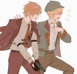  2boys belt beni_tinn black_gloves blonde_hair brown_pants buttons collared_shirt cowgirl_position dress_shirt earrings gloves gradient_hair gun hand_on_own_chest holding holding_gun holding_magnifying_glass holding_weapon jacket jacket_on_shoulders jewelry lapels let&#039;s_study_hard!_(project_sekai) long_sleeves magnifying_glass male_focus multicolored_hair multiple_boys necktie notched_lapels notice_lines open_clothes open_collar open_jacket open_mouth orange_hair pants project_sekai red_necktie shinonome_akito shirt simple_background straddling streaked_hair tenma_tsukasa tie_clip two-tone_hair weapon white_background white_shirt 