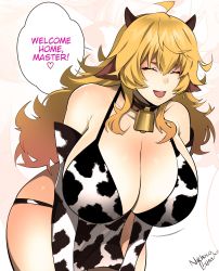 1girl absurdres animal_ears animal_print artist_name bell neck_bell bent_over bikini blonde_hair breasts cleavage collar cow_ears cow_girl cow_horns cow_print cowbell elbow_gloves english_text closed_eyes gloves heart highres horns huge_breasts long_hair nachocobana open_mouth rwby signature smile solo swimsuit yang_xiao_long rating:Questionable score:108 user:JustHere4Butts