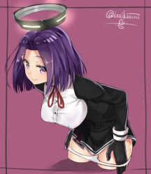 10s 1girl gloves halo isshiki_(ffmania7) kantai_collection looking_at_viewer mechanical_halo panties panty_pull pink_background pulling_own_clothes purple_eyes purple_hair school_uniform short_hair simple_background solo tatsuta_(kancolle) underwear white_panties rating:Questionable score:10 user:danbooru