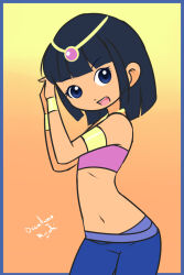  1girl armlet black_eyes black_hair blue_pants borrowed_character bracelet dancer drantyno flat_chest genie gradient_background harem_outfit highres jewelry loli looking_at_viewer midriff navel necklace open_mouth orange_background pants pink_shirt shirt short_hair smile standing strapless teeth tiara tube_top 