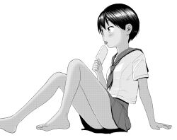 1girl arm_support bare_legs barefoot feet food from_side funnyaka greyscale legs moire monochrome neckerchief original panties panty_peek popsicle sailor_collar school_uniform short_hair short_sleeves simple_background sitting skirt solo toes tongue tongue_out underwear white_background 