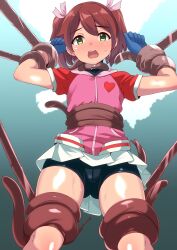  1girl bike_shorts bike_shorts_under_skirt blush breasts brown_hair cameltoe gloves green_eyes legs looking_at_viewer open_mouth restrained saru_getchu sayaka_(saru_getchu) skirt small_breasts solo sony sweat tentacles thighs twintails  rating:Questionable score:17 user:spk