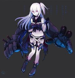 1girl abyssal_ship ahoge black_footwear black_gloves black_shirt blue_ribbon boots cannon closed_mouth dated destroyer_water_oni extra_arms full_body gloves hair_between_eyes hair_ornament highres holding holding_ribbon kantai_collection kokudou_juunigou long_hair looking_at_viewer navel one_side_up photoshop_(medium) red_eyes redrawn ribbon shirt simple_background sleeveless sleeveless_shirt solo standing torn_clothes torn_shirt torpedo turret v-shaped_eyebrows very_long_hair white_hair 