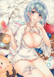  1girl azur_lane blue_eyes blue_hair breasts chapayev_(azur_lane) chapayev_(white_cavalier&#039;s_respite)_(azur_lane) cleavage criss-cross_halter doughnut dress eyebrows_visible_through_hair food food_bite hairband halterneck highres lace lace-trimmed_dress lace_trim large_breasts looking_at_viewer manjuu_(azur_lane) marker_(medium) medium_hair mole mole_on_breast official_alternate_costume on_bed pillow saya_pr see-through_dress sitting sitting_on_bed solo thigh_strap traditional_media white_hairband white_neckwear white_nightgown 