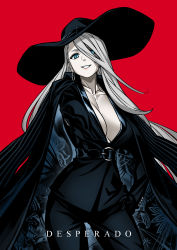  1girl absurdres belt black_belt black_cape black_gloves black_hat black_jacket black_pants blue_eyes breasts cape character_request check_character check_copyright cleavage commentary copyright_request cowboy_shot earrings english_commentary english_text fedora gloves hair_over_one_eye hat highres jacket jewelry original outstretched_arm pale_skin pants red_background simple_background smile solo yotaro  rating:Sensitive score:11 user:danbooru