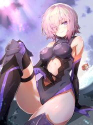 2girls absurdres arm_at_side arm_support bare_shoulders black_gloves black_legwear breasts cleft_of_venus closed_mouth clothing_cutout covered_erect_nipples elbow_gloves eyes_visible_through_hair fate/grand_order fate_(series) fisheye fujimaru_ritsuka_(female) gloves hair_over_one_eye highres impossible_clothes impossible_leotard leg_up leotard mash_kyrielight medium_breasts multiple_girls navel navel_cutout outdoors pink_hair purple_eyes riyo_(lyomsnpmp)_(style) shanyao_jiang_tororo short_hair smile solo_focus thighhighs rating:Questionable score:18 user:danbooru