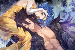  1boy 1girl abs absurdres alternate_costume black_eyes black_gloves black_hair black_jacket blue_hair breasts brown_eyes carrying carrying_over_shoulder carrying_person chin_piercing dress elbow_gloves eyebrow_piercing fairy_tail fingerless_gloves gajeel_redfox gloves grin hairband highres jacket levy_mcgarden long_dress looking_at_viewer medium_breasts nose_piercing open_clothes open_jacket piercing short_hair sideboob sidelocks sleeveless sleeveless_dress smile spiked_hair strapless strapless_dress toned toned_male white_gloves xuchuan yellow_dress yellow_hairband 