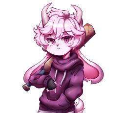  1boy baseball_bat bite_mark_on_ear commentary_request extraction furry fzst goat_horns highres holding holding_baseball_bat horns jackalope looking_at_viewer non-web_source original pink_fur pink_hair purple_sweater rabbit red_eyes source_request sweater third-party_edit trap tsundere 