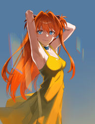 1girl arms_up artist_request bare_arms bare_shoulders blue_choker blue_eyes breasts brown_hair choker cowboy_shot dress highres lips long_hair neon_genesis_evangelion no_bra smile solo souryuu_asuka_langley twintails very_long_hair yellow_dress  rating:Sensitive score:2 user:popotepopote