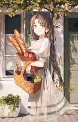  1girl absurdres apple bag basket blush bottle bread brown_eyes brown_hair collarbone door dress earrings feet_out_of_frame food fruit grapes grin highres holding holding_basket jewelry leaf long_hair looking_at_viewer original paper_bag plant potted_plant see-through see-through_dress short_sleeves sion_(im10042m) smile solo tree white_dress  rating:General score:5 user:danbooru
